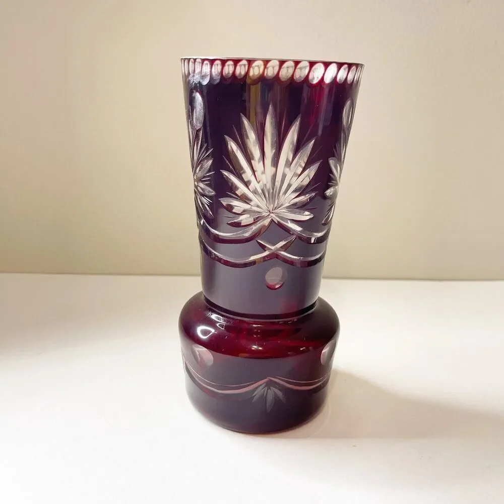 Vintage Bohemian Ruby Red Vase‎ Cut To Clear Crystal Etched Decorative Glassware